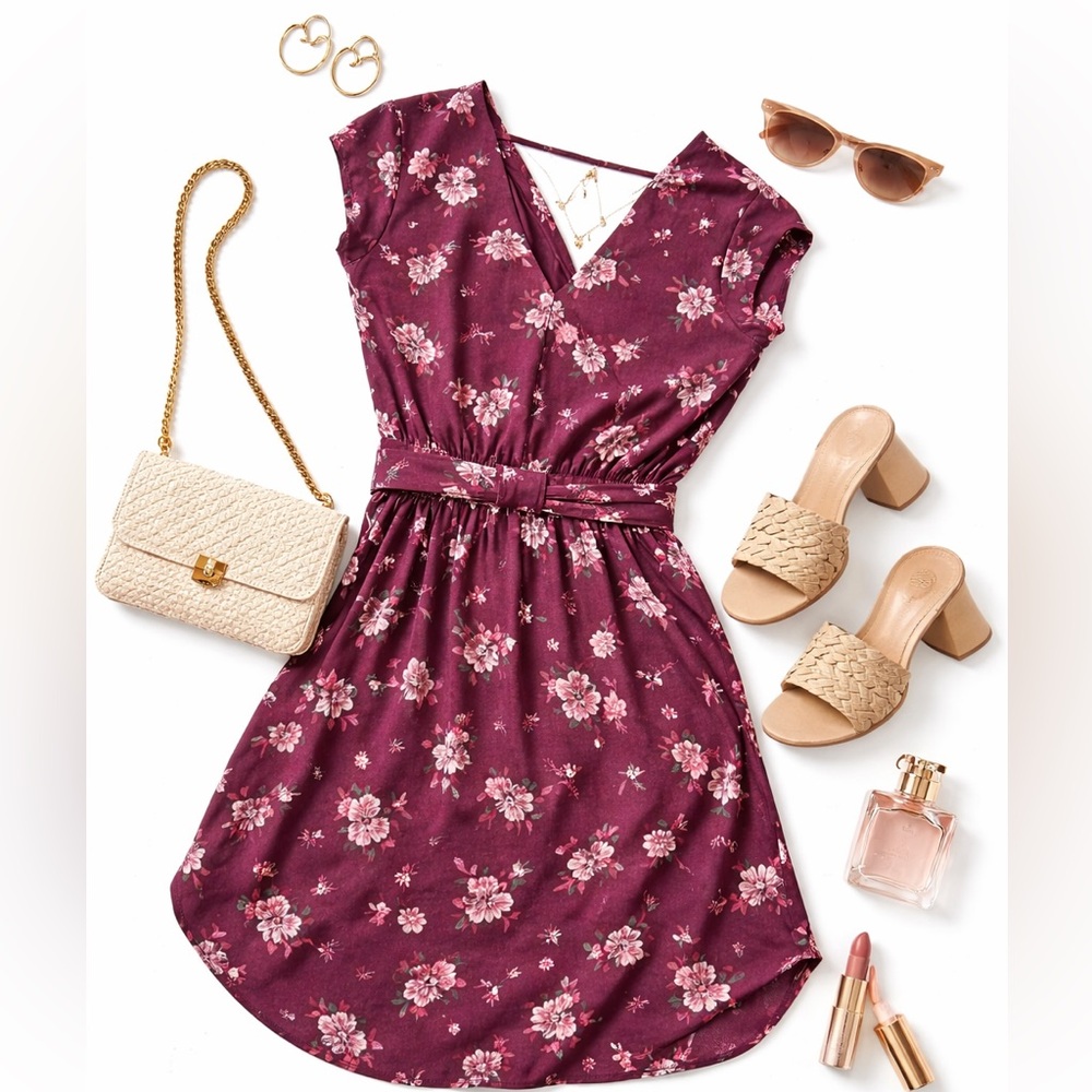 Daniel Rainn DR2 Floral Faux Wrap Chiffon Dress Burgundy Small